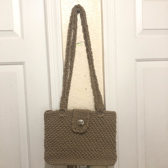 Handbags - Knit Crossbody/Shoulder Tan Magnet Button Handbag